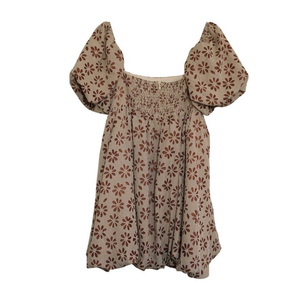 Storia Brown Gingham Floral Puff Sleeve Mini Dress Square Neck Smocked Cottage - Picture 8 of 8